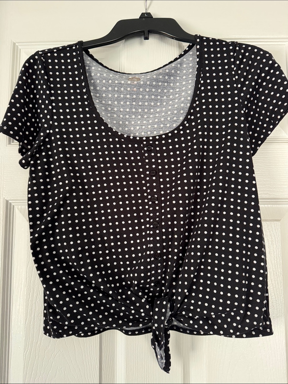 SO Black and White Polka Dot Tie-Front Crop Top